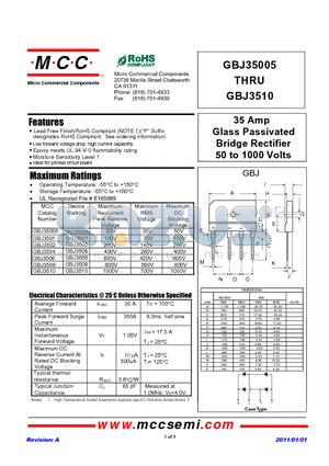 GBJ3502 datasheet - 35 Amp Glass Passivated Bridge Rectifier 50 to 1000 Volts
