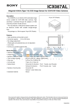 ICX087AL datasheet - Diagonal 4.5mm (Type 1/4) CCD Image Sensor for CCIR B/W Video Cameras