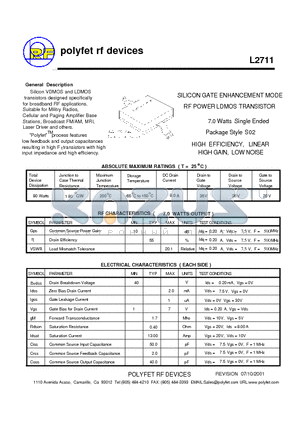 L2711 datasheet - SILICON GATE ENHANCEMENT MODE RF POWER LDMOS TRANSISTOR