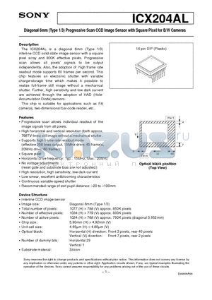 ICX204 datasheet - Diagonal 6mm (Type 1/3) Progressive Scan CCD Image Sensor with Square Pixel for B/W Cameras