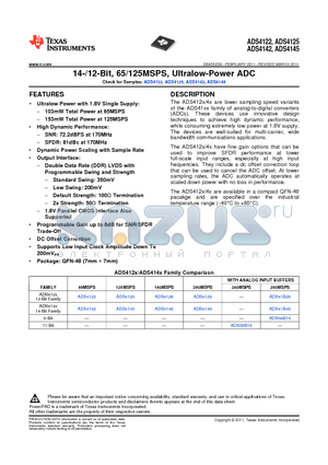 ADS4145IRGZT datasheet - 14-/12-Bit, 65/125MSPS, Ultralow-Power ADC