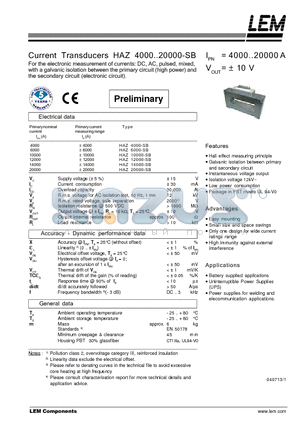 HAZ6000-SB datasheet - Current Transducers HAZ 4000~20000-SB