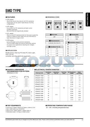 LPF3010B-101K datasheet - Mobile phone, Desk top PC,Note PC, Back Light,HDD, DC-DC converter