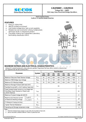 GBJ5008 datasheet - Voltage 50V ~ 1000V 50.0 Amp Glass Passivited Bridge Rectifiers