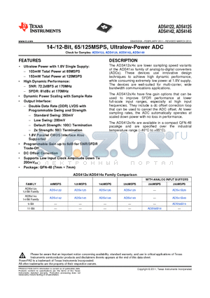 ADS4142IRGZR datasheet - 14-/12-Bit, 65/125MSPS, Ultralow-Power ADC
