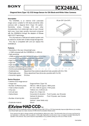 ICX248AL datasheet - Diagonal 8mm (Type 1/2) CCD Image Sensor for EIA Black-and-White Video Cameras