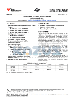 ADS4225 datasheet - Dual-Channel, 12-/14-Bit, 65/125/160MSPS Ultralow-Power ADC