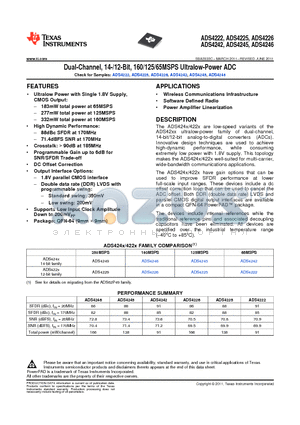 ADS4222IRGCR datasheet - Dual-Channel, 14-/12-Bit, 160/125/65MSPS Ultralow-Power ADC