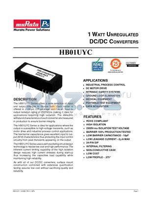 HB01U05S05YC datasheet - 1 WATT UNREGULATED DC/DC CONVERTERS