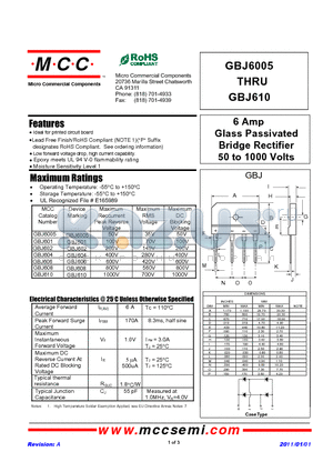 GBJ604 datasheet - 6 Amp Glass Passivated Bridge Rectifier 50 to 1000 Volts