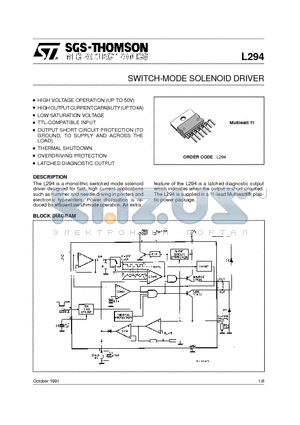 L294 datasheet - SWITCH-MODE SOLENOID DRIVER