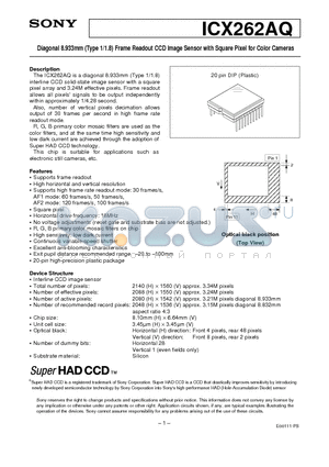 ICX262AQ datasheet - Diagonal 8.933mm (Type 1/1.8) Frame Readout CCD Image Sensor with Square Pixel for Color Cameras