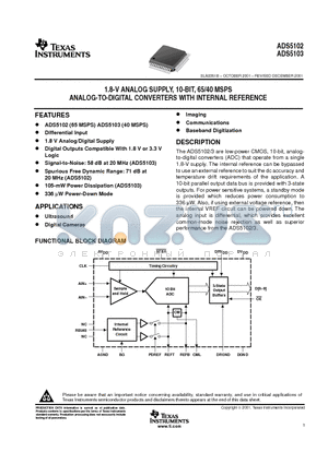 ADS5102 datasheet - 1.8-V ANALOG SUPPLY, 10-BIT, 65/40 MSPS ANALOG-TO-DIGITAL CONVERTERS WITH INTERNAL REFERENCE