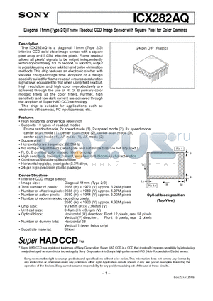 ICX282AQ datasheet - Diagonal 11mm (Type 2/3) Frame Readout CCD Image Sensor with Square Pixel for Color Cameras