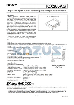 ICX285AQ datasheet - Diagonal 11mm (Type 2/3) Progressive Scan CCD Image Sensor with Square Pixel for Color Cameras