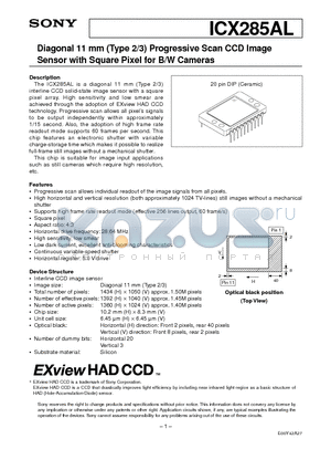 ICX285AL datasheet - Diagonal 11 mm (Type 2/3) Progressive Scan CCD Image Sensor with Square Pixel for B/W Cameras