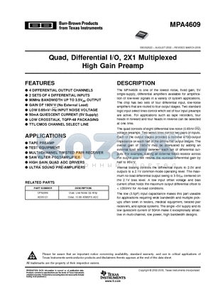 ADS5121 datasheet - Quad, Differential I/O, 2X1 Multiplexed High Gain Preamp