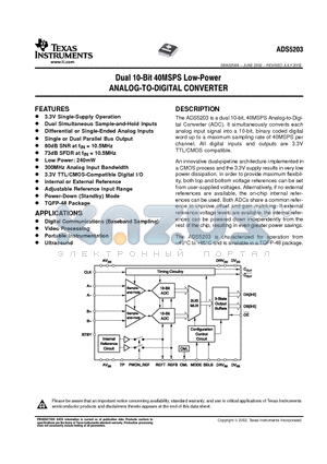 ADS5203 datasheet - DUAL 10-BIT 40MSPS LOW-POWER ANALOG-TO-DIGITAL CONVERTER