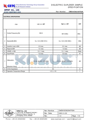 947P25A datasheet - DIELECTRIC DUPLEXER SAMPLE