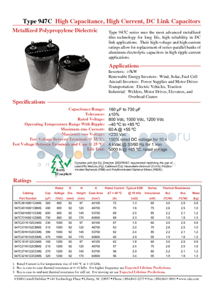 947C311K102CBMS datasheet - Type 947C High Capacitance, High Current, DC Link Capacitors