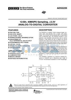 ADS5220 datasheet - 12-Bit, 40MSPS Sampling, 3.3V ANALOG-TO-DIGITAL CONVERTER