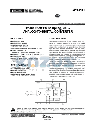 ADS5221PFBR datasheet - 12-Bit, 65MSPS Sampling, 3.3V ANALOG-TO-DIGITAL CONVERTER