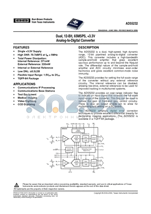 ADS5232IPAG datasheet - Dual, 12-Bit, 65MSPS, 3.3V Analog-to-Digital Converter