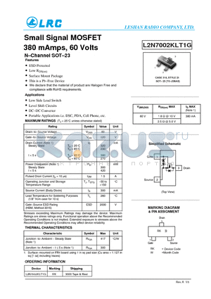 L2N7002KLT1G datasheet - Small Signal MOSFET 380 mAmps, 60 Volts NChannel SOT23