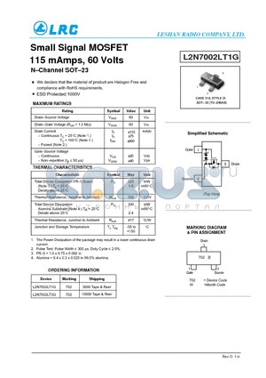 L2N7002LT1G datasheet - Small Signal MOSFET 115 mAmps, 60 Volts NChannel SOT23