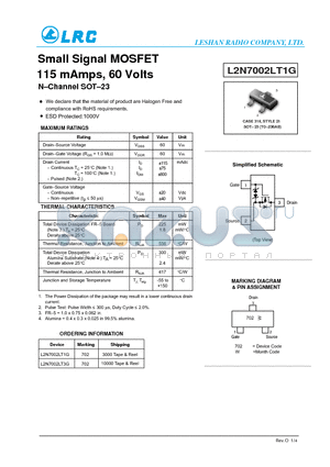 L2N7002LT1G_11 datasheet - Small Signal MOSFET 115 mAmps, 60 Volts NChannel SOT23