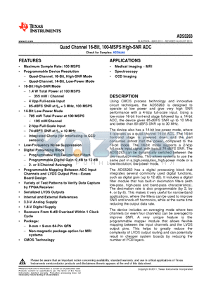 ADS5263IRGCT-NM datasheet - Quad Channel 16-Bit, 100-MSPS High-SNR ADC 4 Vpp Full-scale Input