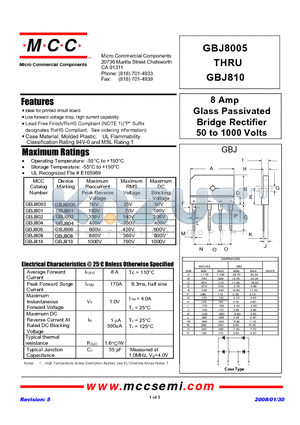 GBJ802 datasheet - 8 Amp Glass Passivated Bridge Rectifier 50 to 1000 Volts