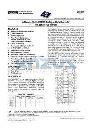 ADS5273 datasheet - 8-Channel, 10-Bit, 65MSPS Analog-to-Digital Converter with Serial LVDS Interface