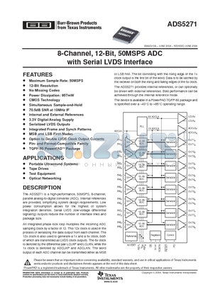 ADS5271 datasheet - 8-Channel, 12-Bit, 50MSPS ADC with Serial LVDS Interface
