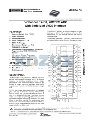 ADS5273IPFPT datasheet - 8-Channel, 12-Bit, 70MSPS ADC with Serialized LVDS Interface