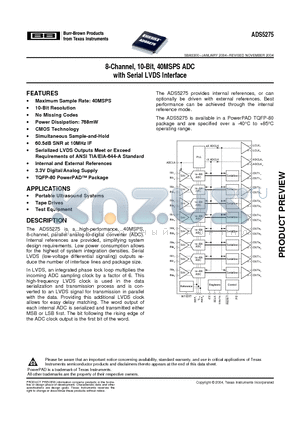 ADS5275 datasheet - 8-Channel, 10-Bit, 40MSPS ADC with Serial LVDS Interface