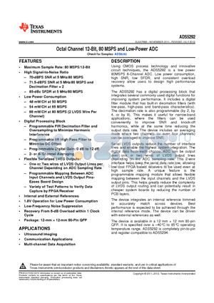 ADS5292 datasheet - Octal Channel 12-Bit, 80 MSPS and Low-Power ADC