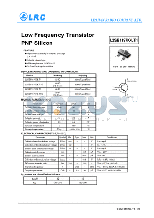 L2SB1197KQLT1G datasheet - Low Frequency Transistor PNP Silicon