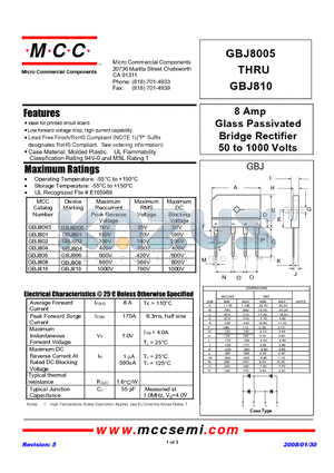 GBJ810 datasheet - 8 Amp Glass Passivated Bridge Rectifier 50 to 1000 Volts