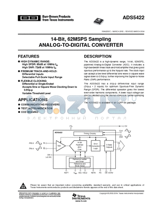 ADS5422 datasheet - 14-Bit, 62MSPS Sampling ANALOG-TO-DIGITAL CONVERTER