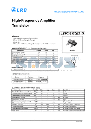 L2SC3837QLT3G datasheet - High-Frequency Amplifier Transistor Small rbb Cc and high gain.