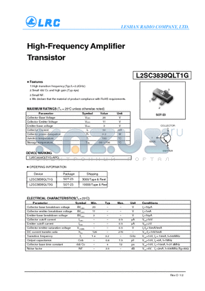 L2SC3838QLT1G datasheet - High-Frequency Amplifier Transistor Small rbb Cc and high gain.
