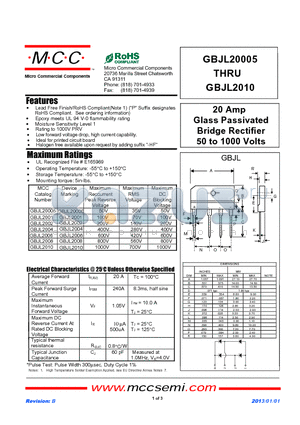 GBJL2004 datasheet - 20 Amp Glass Passivated Bridge Rectifier 50 to 1000 Volts