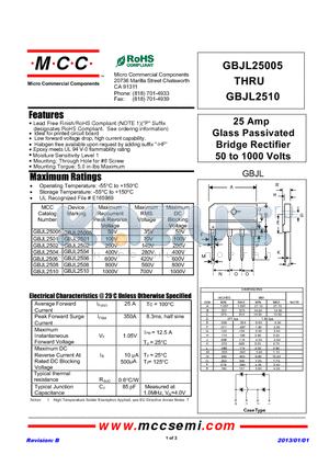GBJL2501 datasheet - 25 Amp Glass Passivated Bridge Rectifier 50 to 1000 Volts