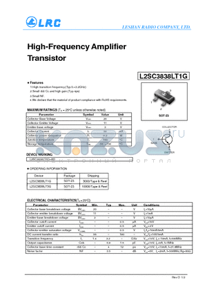 L2SC3838LT3G datasheet - High-Frequency Amplifier Transistor Small rbb Cc and high gain.