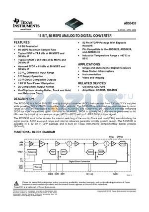 ADS5433IPJY datasheet - 14 BIT, 80 MSPS ANALOG-TO-DIGITAL CONVERTER