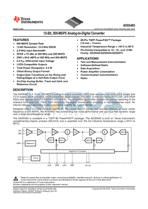 ADS5463 datasheet - 12-Bit, 500-MSPS Analog-to-Digital Converter