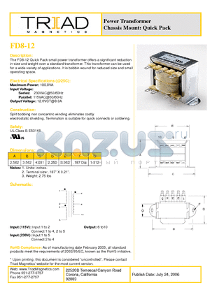 FD8-12 datasheet - Power Transformer Chassis Mount: Quick Pack