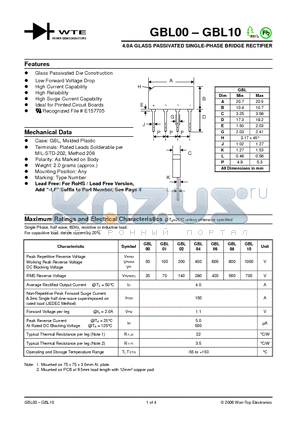 GBL01 datasheet - 4.0A GLASS PASSIVATED SINGLE-PHASE BRIDGE RECTIFIER