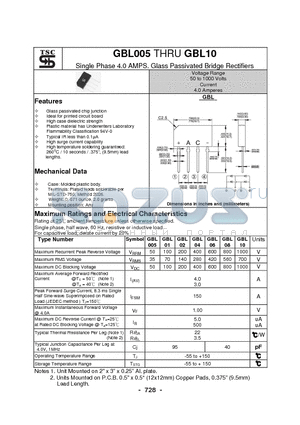 GBL01 datasheet - Single Phase 4.0 AMPS. Glass Passivated Bridge Rectifiers
